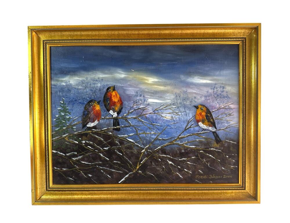 Fredi Jäger Original Oil Painting Robins Birds Winter Landscape 2000 18x14” - Picture 1 of 7